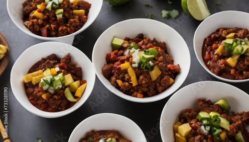 Bowl of chili with toppings on a table