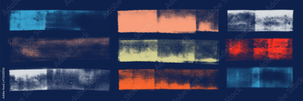 Abstract vector colorful halftone rectangular shapes. Grunge banner with small dots pattern. - obrazy, fototapety, plakaty 