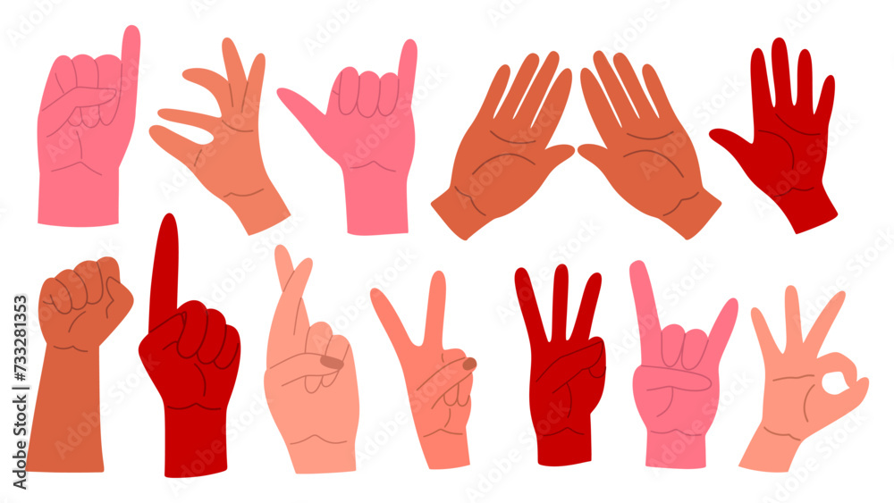 Obraz premium Set of the different gestures. Hands in variety poses. Female and male hands. Fingers crossed, index finger up, open palms, fist.