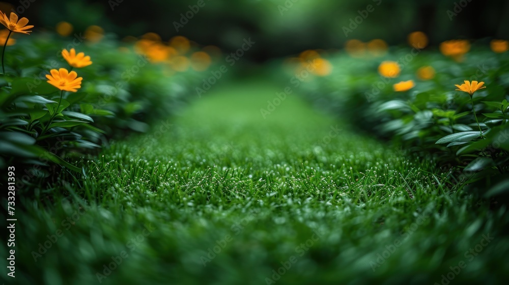 a field of green grass with yellow flowers growing in the middle of the grass and a line of yellow flowers in the middle of the grass.