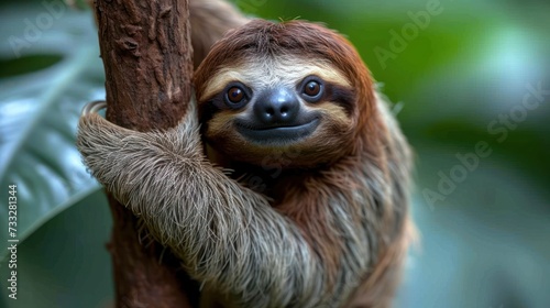 a close up of a sloth on a tree with a leaf in the background and a blurry background.
