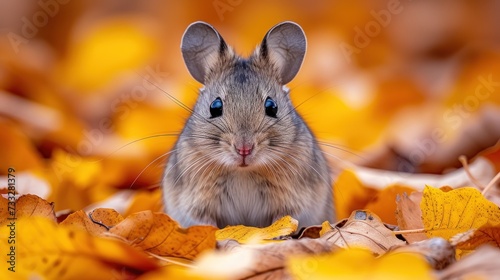a close up of a mouse in a pile of leaves with a blurry background of yellow and orange leaves.