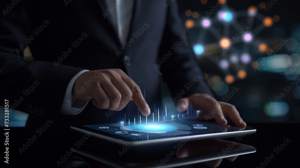 Business people, data analysis with tablet and paperwork, hands with online review in meeting and team with market research. Statistics, analytics dashboard and digital infographic with collaboration