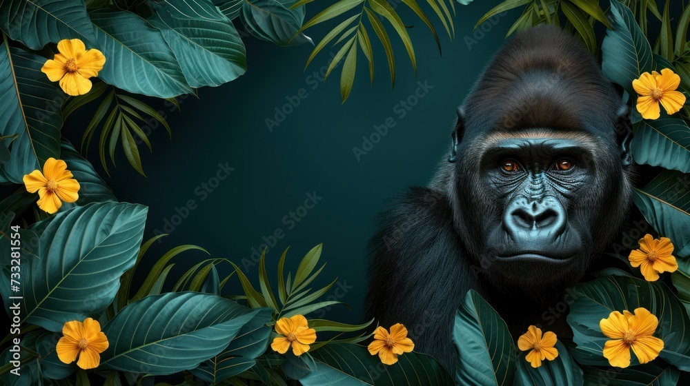 a gorilla in the jungle surrounded by tropical leaves and flowers, with a dark green background with yellow flowers and green leaves. a gorilla in the jungle surrounded by tropical leaves and flowers, with a dark green background with yellow flowers and green leaves.