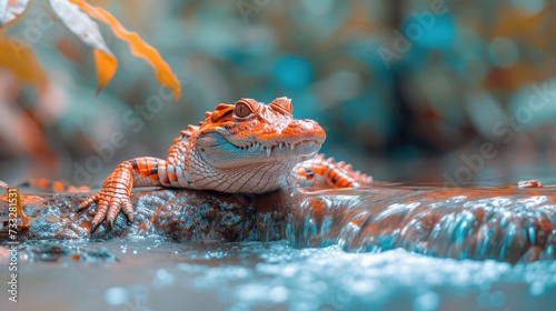 a close up of a small alligator in a body of water with a leafy tree in the back ground. photo