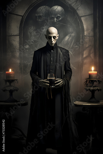 Vampire holding a glass of blood standing in a candlelit lair