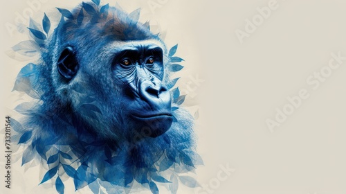 a close up of a monkey's face with blue leaves on it's back and a white background.