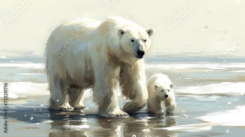 a painting of a polar bear and her cub walking on the ice with the water reflecting off of the ground. photo