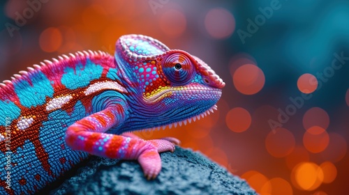 a colorful chamelon sitting on a rock in front of a blurry background of boke of lights. © Jevjenijs