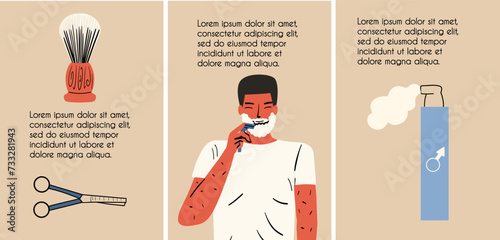 Set of templates about men's shaving. Vector illustration in hand drawn style