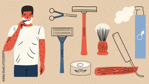 A set of men's shaving accessories. Man with a razor, foam, scissors, brush. Vector illustration in hand drawn style