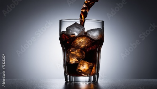 A glass of soda with ice and a straw