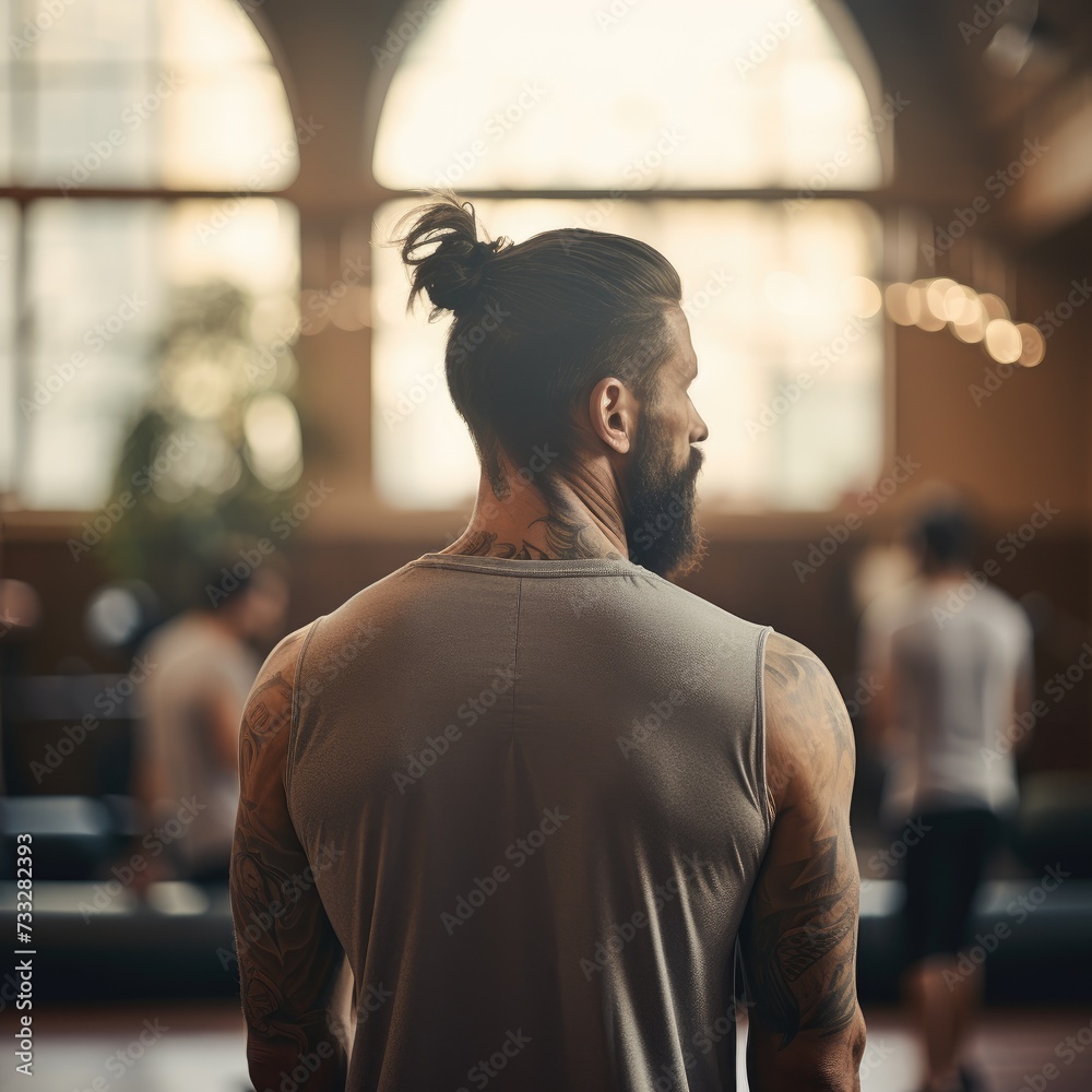 view from behind of a Tenacious Athlete Training Alone in a Well-Organized Gym with Ambient Lighting During a Late-Night Workout view from behind of a Tenacious Athlete Training Alone in a Well-Organized Gym with Ambient Lighting During a Late-Night Workout