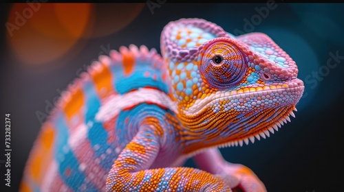 a close up of a colorful chamelon on a black background with a blurry image in the background. photo
