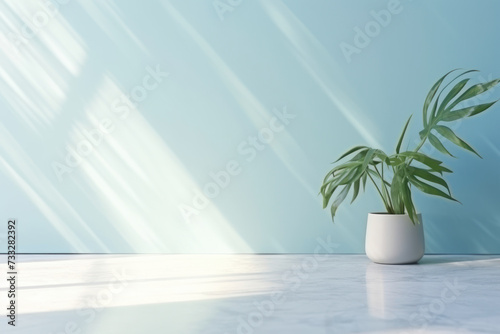 Scandinavian minimalistic home light blue interior with green plant © Alex