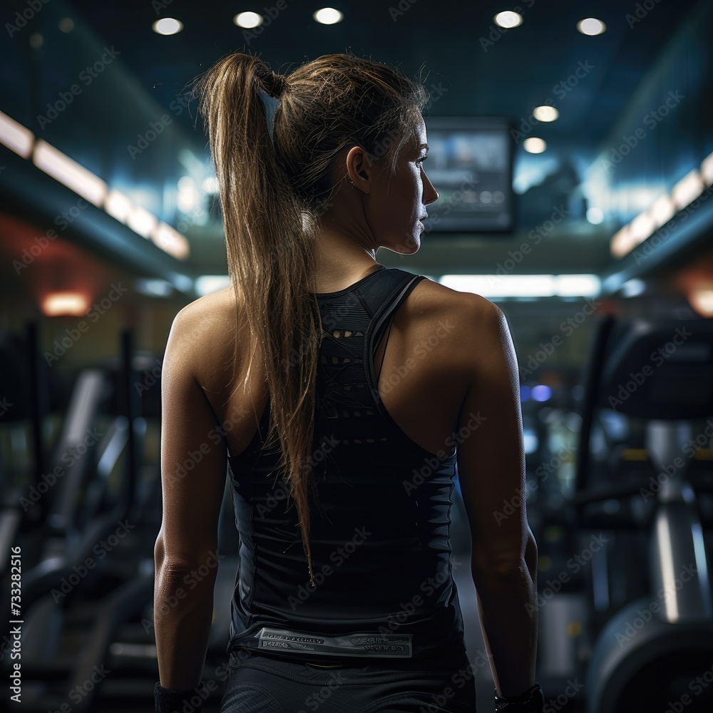 view from behind of a Tenacious Athlete Training Alone in a Well-Organized Gym with Ambient Lighting During a Late-Night Workout view from behind of a Tenacious Athlete Training Alone in a Well-Organized Gym with Ambient Lighting During a Late-Night Workout