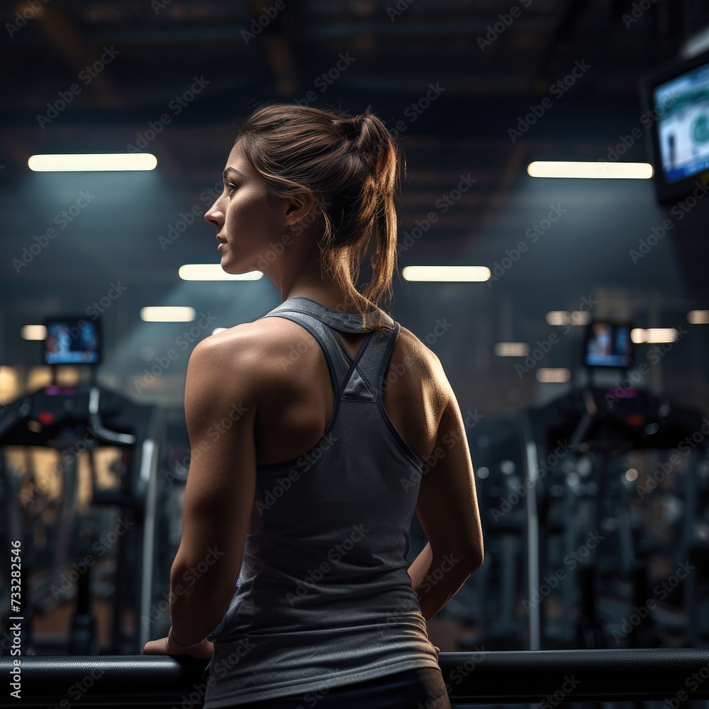 view from behind of a Tenacious Athlete Training Alone in a Well-Organized Gym with Ambient Lighting During a Late-Night Workout view from behind of a Tenacious Athlete Training Alone in a Well-Organized Gym with Ambient Lighting During a Late-Night Workout