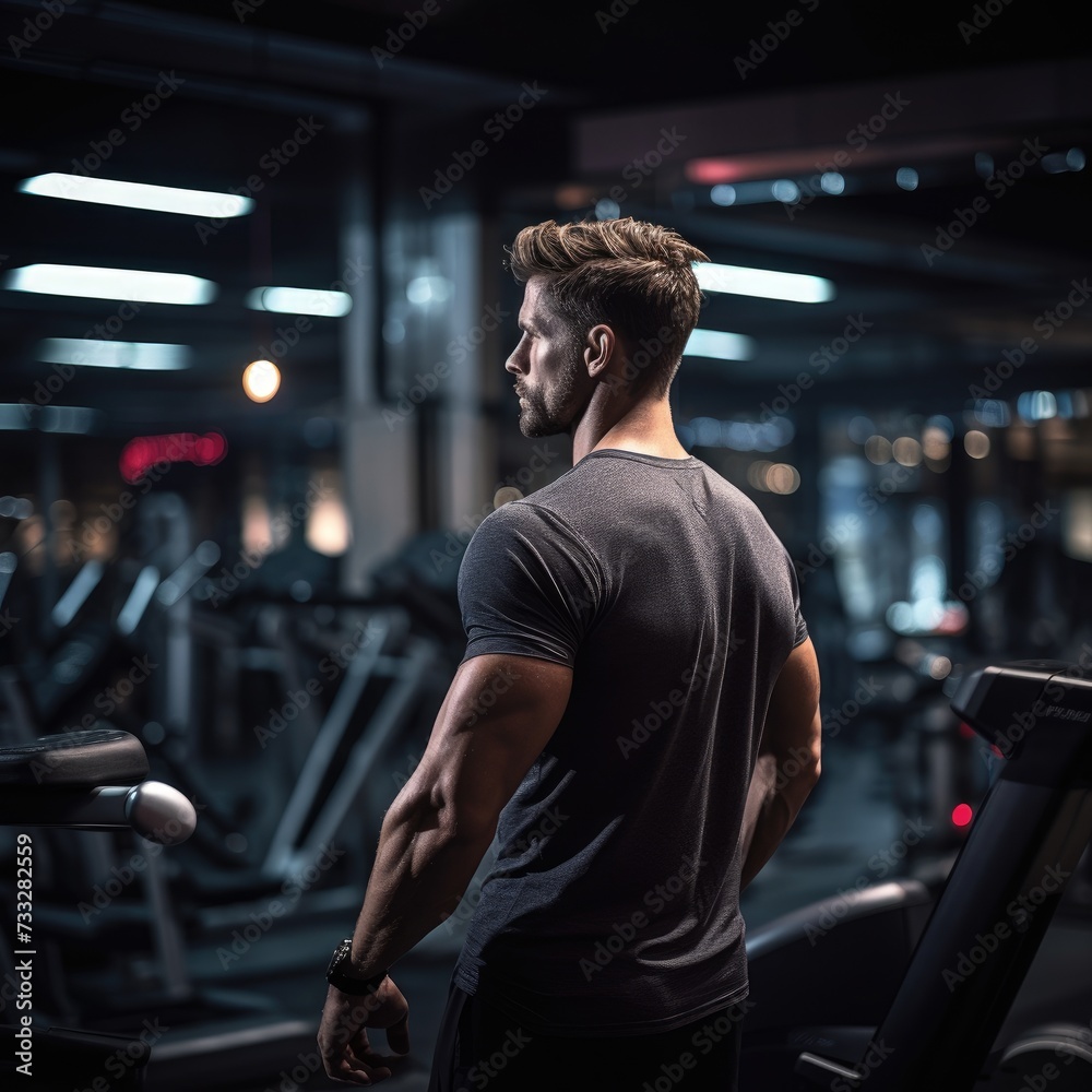 view from behind of a Tenacious Athlete Training Alone in a Well-Organized Gym with Ambient Lighting During a Late-Night Workout view from behind of a Tenacious Athlete Training Alone in a Well-Organized Gym with Ambient Lighting During a Late-Night Workout