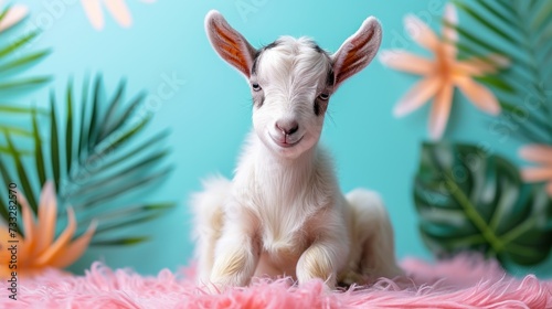 a baby goat sitting on top of a pink fluffy blanket next to a green plant and a blue wall behind it. © Jevjenijs