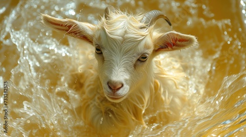 a close up of a goat's face with water splashing on it's face and it's ears. photo