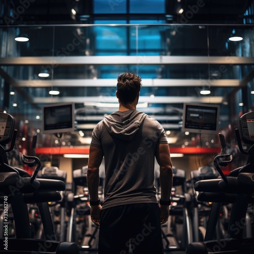 view from behind of a Tenacious Athlete Training Alone in a Well-Organized Gym with Ambient Lighting During a Late-Night Workout © cristian