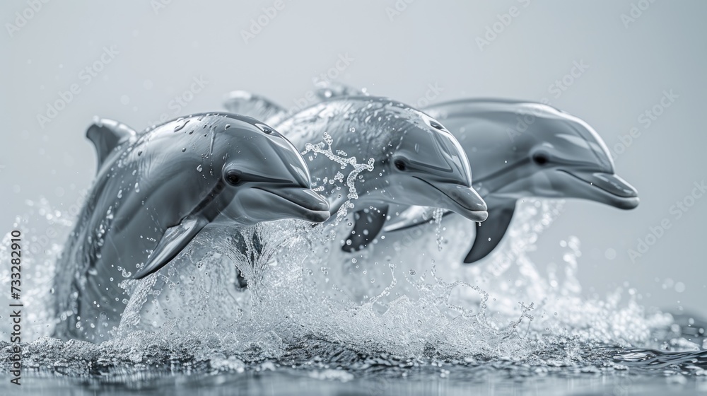 three dolphins jumping out of the water with splashes of water on the bottom and bottom of the dolphins'heads.