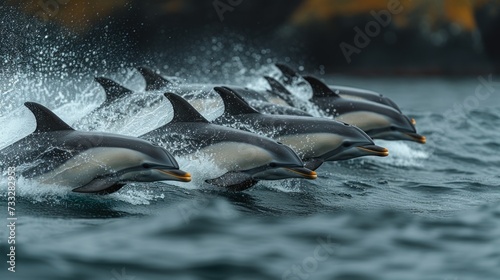 a group of dolphins swimming in a body of water with splashes of water on the side of the dolphins. © Jevjenijs