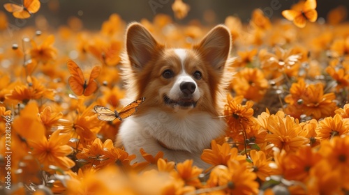 a dog sitting in a field of flowers with a butterfly on it's nose, looking at the camera. photo