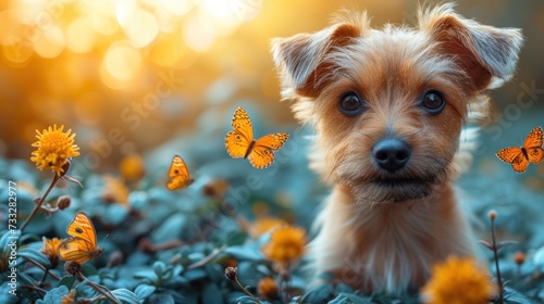 a small brown dog standing in a field of flowers with orange butterflies flying around it's head and eyes. photo