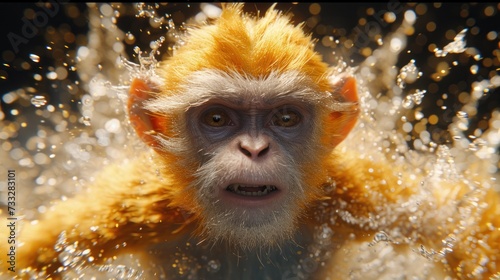 a close up of a monkey's face with water splashing on it's face and a blurry background. photo