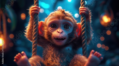 a close up of a monkey on a rope with a blurry background and a light bulb in the background. photo