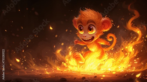 a monkey sitting on top of a fire in the middle of a dark room with lots of fire around it. photo