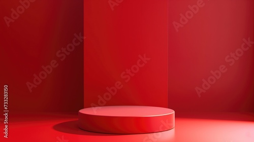 Red pedestal of platform display, Stand podium on red room background, generative ai