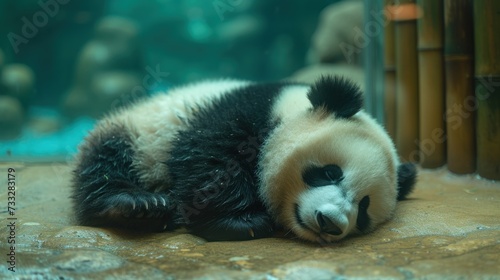 a black and white panda bear sleeping on the ground in front of a bamboo cage with bamboo poles in the background. photo