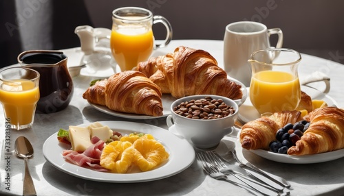 A table full of breakfast foods, including croissants, fruit, and orange juice