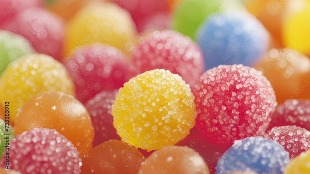 Close-up of colorful sugar-coated jelly candies, a vibrant assortment of sweets Close-up of colorful sugar-coated jelly candies, a vibrant assortment of sweets