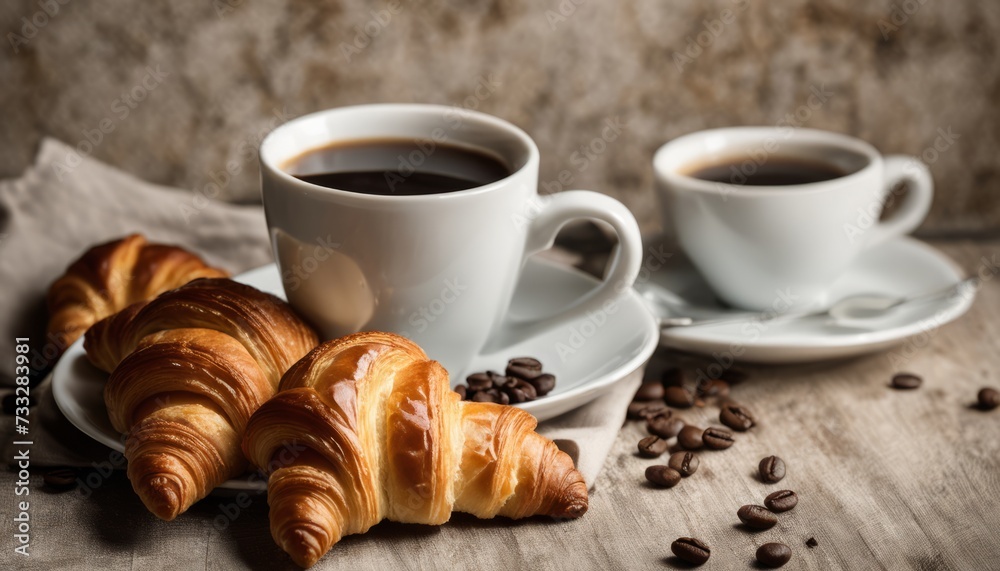 Two cups of coffee and croissants on a table Two cups of coffee and croissants on a table