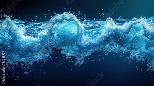 a close up of a wave of water on a black background with a blue sky in the background and water bubbles in the foreground. photo
