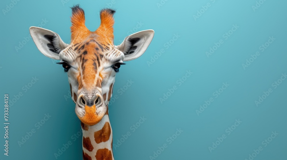 a close up of a giraffe's head against a blue background with a small amount of detail.