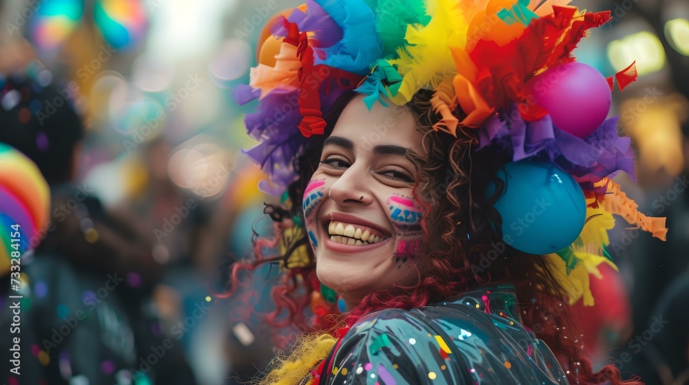 Joyful woman celebrating at a vibrant festival with colorful attire. festive mood captured in candid style. perfect for event promotion. AI Joyful woman celebrating at a vibrant festival with colorful attire. festive mood captured in candid style. perfect for event promotion. AI