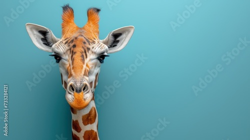 a close up of a giraffe's head against a blue background with a small amount of detail.