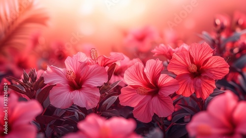 a bunch of pink flowers that are in the middle of a field of green leaves and flowers with a bright light in the background.