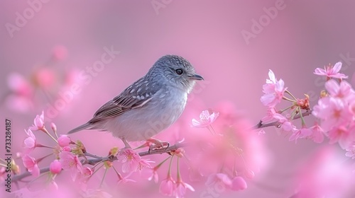 a bird is sitting on a branch of a tree with pink flowers in the foreground and a pink sky in the background.