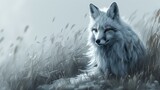 a painting of a white fox sitting in a field of tall grass and looking at the camera with a sad look on his face.