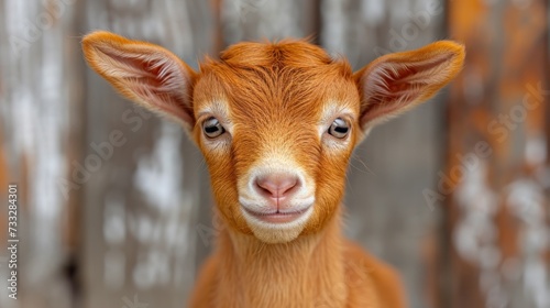 a close up of a goat's face with a wooden fence in the background and a wooden fence in the background. photo