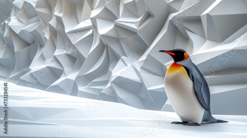 a penguin is standing in front of a wall of white or grey ice or icebergs that are low to the ground. photo