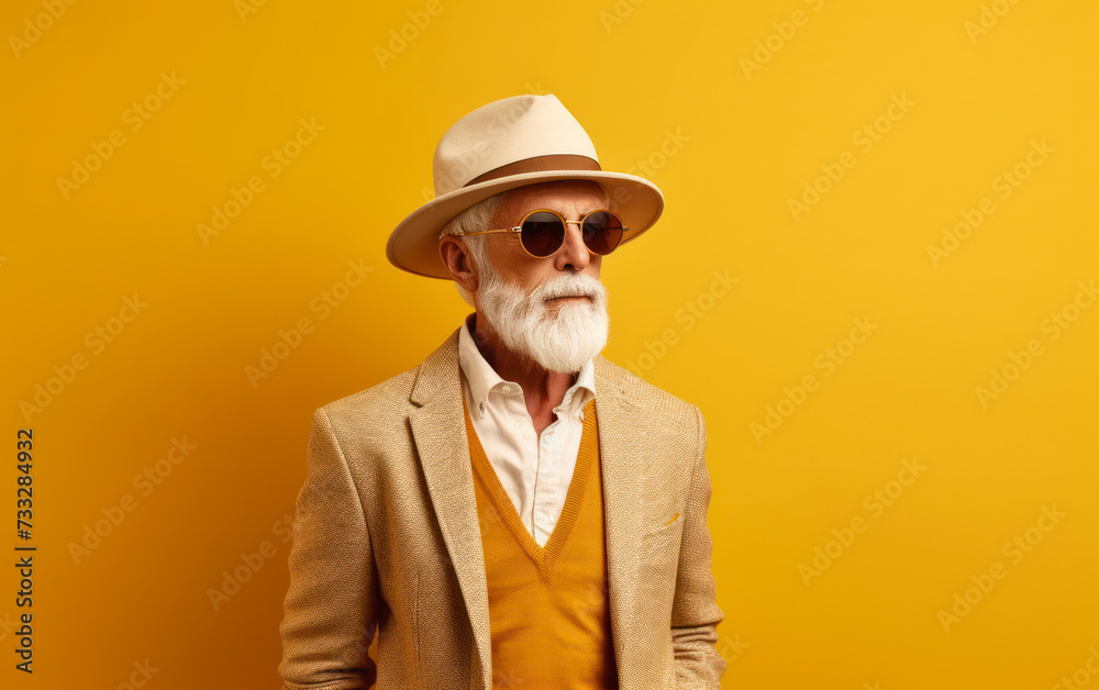 Senior man with long white beard wearing sunglasses and hat standing against yellow background Senior man with long white beard wearing sunglasses and hat standing against yellow background