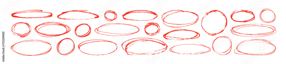 Red pen ellipses and circles to emphasize text in hand drawn notes. Doodle round shapes. Vector ovals and ellipses lines to highlight text. Set of various red scribble ovals, bubbles and circles.