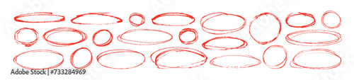Red pen ellipses and circles to emphasize text in hand drawn notes. Doodle round shapes. Vector ovals and ellipses lines to highlight text. Set of various red scribble ovals, bubbles and circles.