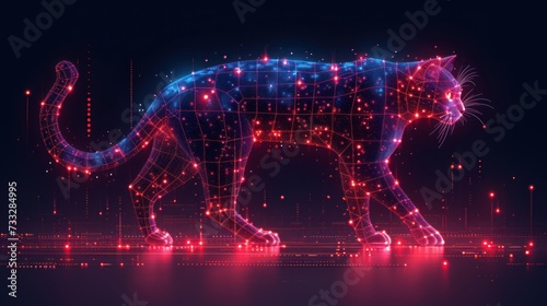 a computer generated image of a cat on a dark background with red, blue, and pink lines and dots.